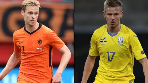 Frenkie de Jong of the Netherlands(left) and Oleksandr Zinchenko of Ukraine (right). (Getty)