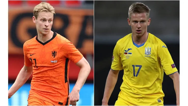Frenkie de Jong of the Netherlands(left) and Oleksandr Zinchenko of Ukraine (right). (Getty)