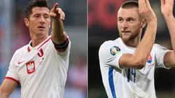 Robert Lewandowski of Poland (left) and Milan Skriniar of Slovakia (right). (Getty)