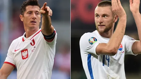 Robert Lewandowski of Poland (left) and Milan Skriniar of Slovakia (right). (Getty)