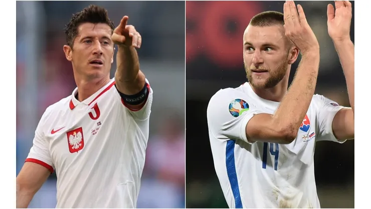 Robert Lewandowski of Poland (left) and Milan Skriniar of Slovakia (right). (Getty)