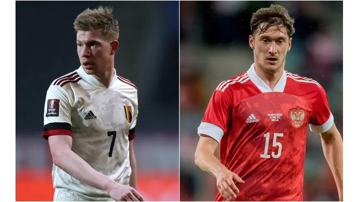 Kevin De Bruyne of Belgium (left) and Aleksey Miranchuk of Russia (right). (Getty)