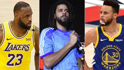 LeBron James (left), J-Cole (middle), Stephen Curry. (Getty)