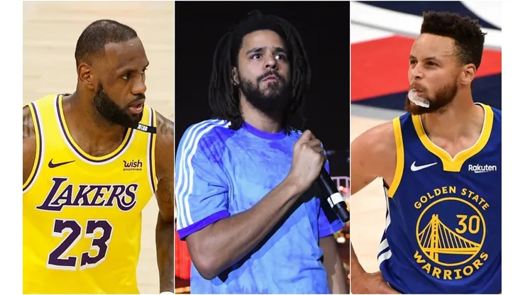 LeBron James (left), J-Cole (middle), Stephen Curry. (Getty)