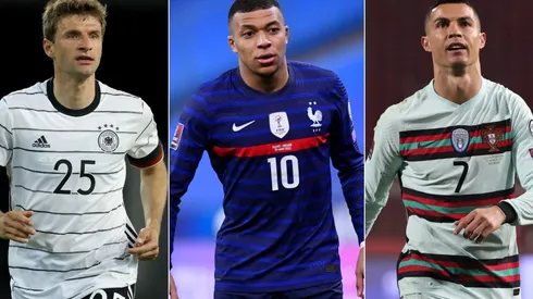 Thomas Müller of Germany (left), Kylian Mbappe of France (center), and Cristiano Ronaldo of Portugal (right). (Getty)