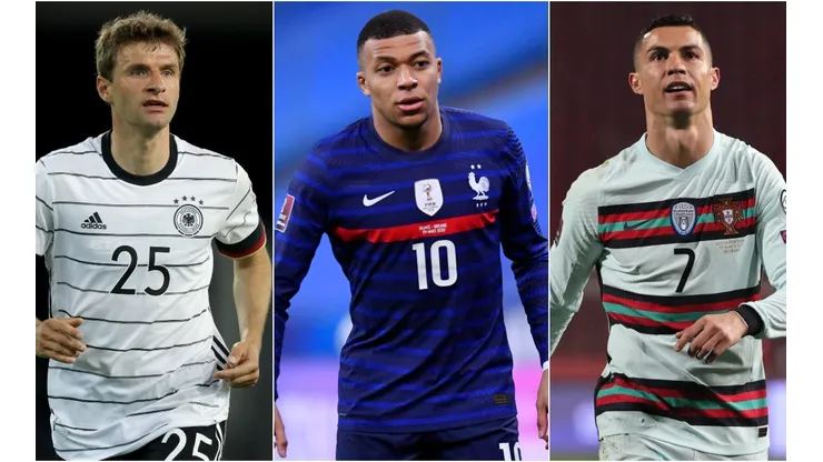 Thomas Müller of Germany (left), Kylian Mbappe of France (center), and Cristiano Ronaldo of Portugal (right). (Getty)