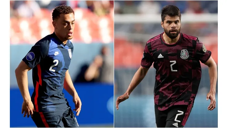 Sergiño Dest of United States (left) and Nestor Araujo of Mexico (Gerrty).