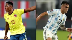 Yerry Mina of Colombia (left) and Lautaro Martínez of Argentina (Getty).