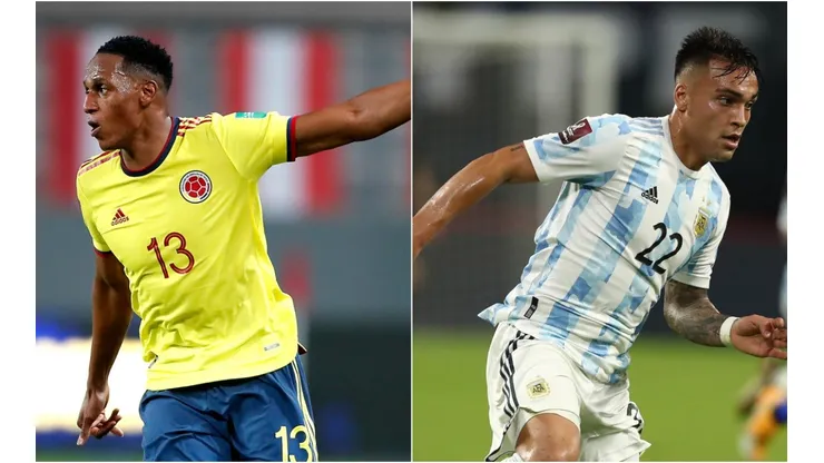 Yerry Mina of Colombia (left) and Lautaro Martínez of Argentina (Getty).