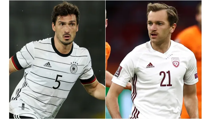 Mats Hummels of Germany (left) and Kriss Karklins of Latvia (right). (Getty)