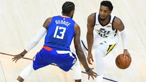 Paul George guarding Donovan Mitchell. (Getty)