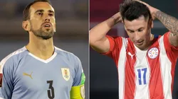 Diego Godin of Uruguay (left) and Hernán Pérez of Paraguay (right). (Getty)