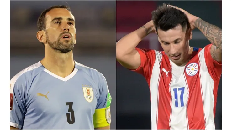 Diego Godin of Uruguay (left) and Hernán Pérez of Paraguay (right). (Getty)
