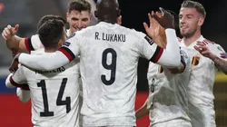 Belgium players celebrate after scoring a goal. (Getty)