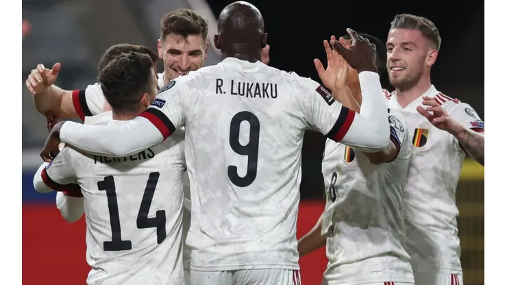 Belgium players celebrate after scoring a goal. (Getty)