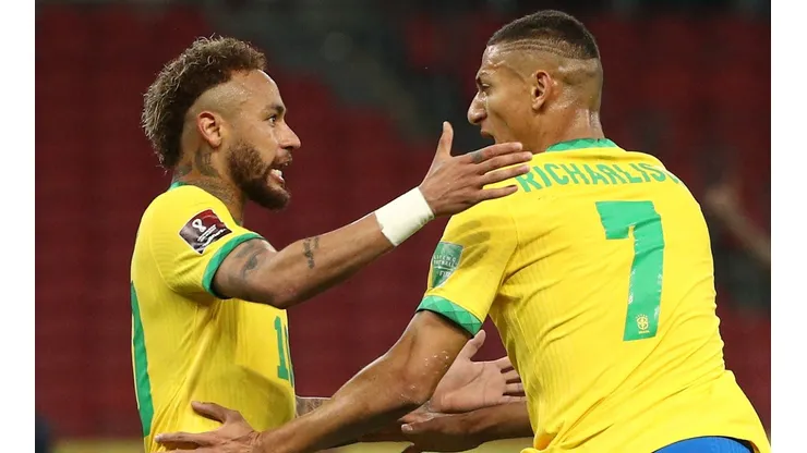 Neymar (left) and Richarlison (right) celebrating in Brazil's win over Ecuador (Getty).