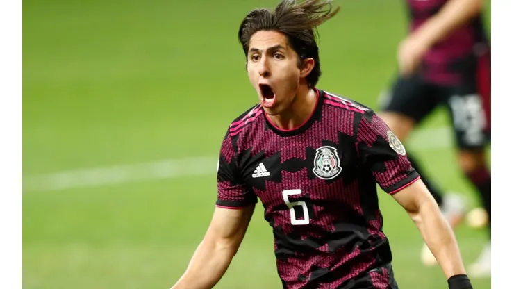Alan Cervantes of México celebrates after scoring a goal. (Getty)