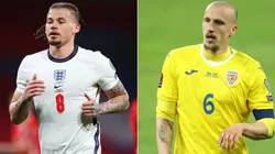Kalvin Phillips of England (left) and Vlad Chiriches of Romania (right). (Getty)