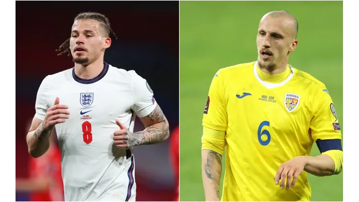 Kalvin Phillips of England (left) and Vlad Chiriches of Romania (right). (Getty)