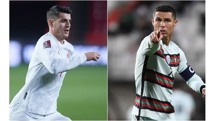 Alvaro Morata of Spain (left) and Cristiano Ronaldo of Portugal 9right). (Getty)
