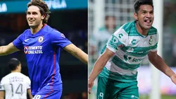 Santiago Gimenez of Cruz Azul (left) and Eduardo Aguirre of Santos Laguna (right). (Getty)