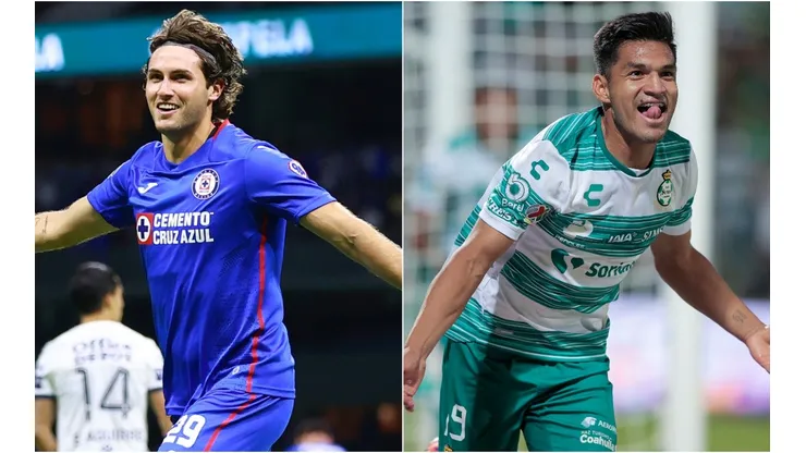 Santiago Gimenez of Cruz Azul (left) and Eduardo Aguirre of Santos Laguna (right). (Getty)