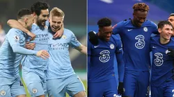 Manchester City players (left) and Chelsea players (right). (Getty)