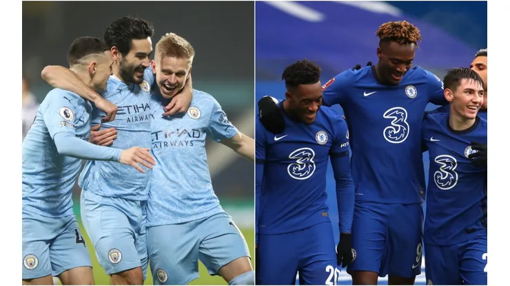 Manchester City players (left) and Chelsea players (right). (Getty)