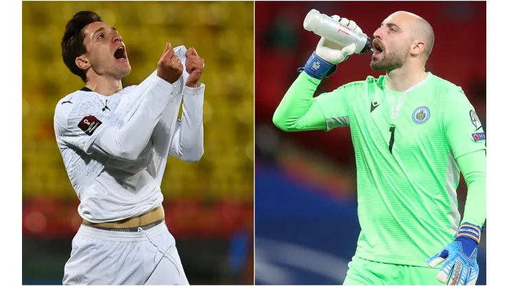 Federico Chiesa of Italy (left) and Elia Benedettini of San Marino (right). (Getty)