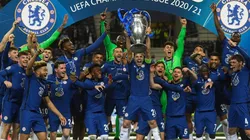 Chelsea players lift the UEFA Champions League trophy in the 2021 final (Getty).