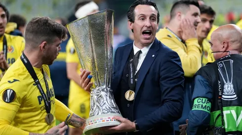 Unai Emery gets his hands on a new Europa League trophy in his career (Getty).