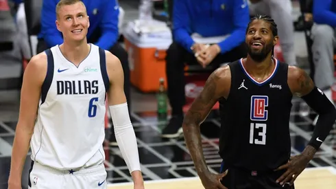 Kristaps Porzingis & Paul George. (Getty)