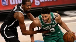 Kevin Durant guarding Jayson Tatum. (Getty)