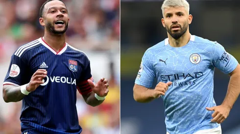 Memphis Depay of Lyon (left) and Sergio Aguero of Manchester City (right). (Getty)