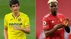 Gerard Moreno of Villarreal (left) and Paul Pogba of Manchester United (right). (Getty)
