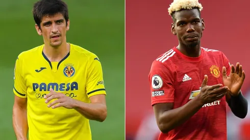 Gerard Moreno of Villarreal (left) and Paul Pogba of Manchester United (right). (Getty)
