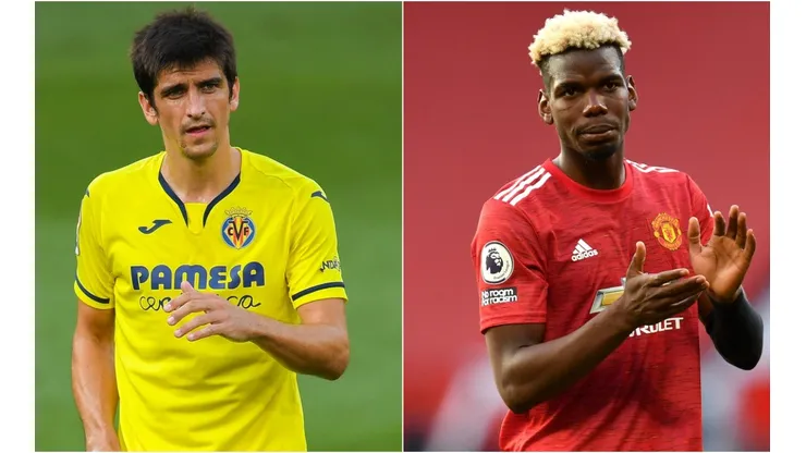 Gerard Moreno of Villarreal (left) and Paul Pogba of Manchester United (right). (Getty)