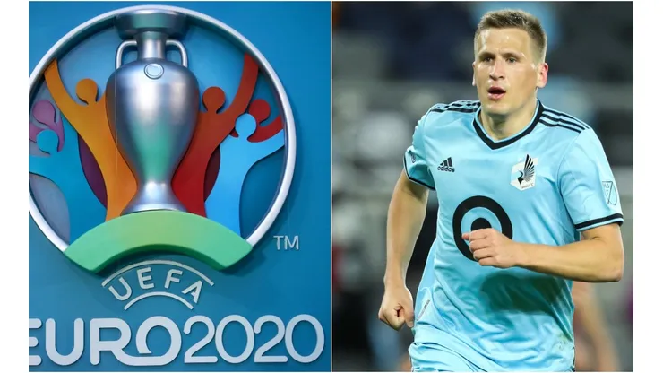 The logo for the UEFA EURO 2020 tournament (left) and Robin Lod of Minnesota United (right). (Getty)