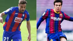 Pedro Leon of Eibar (left) and Riqui Puig of Barcelona (right). (Getty)