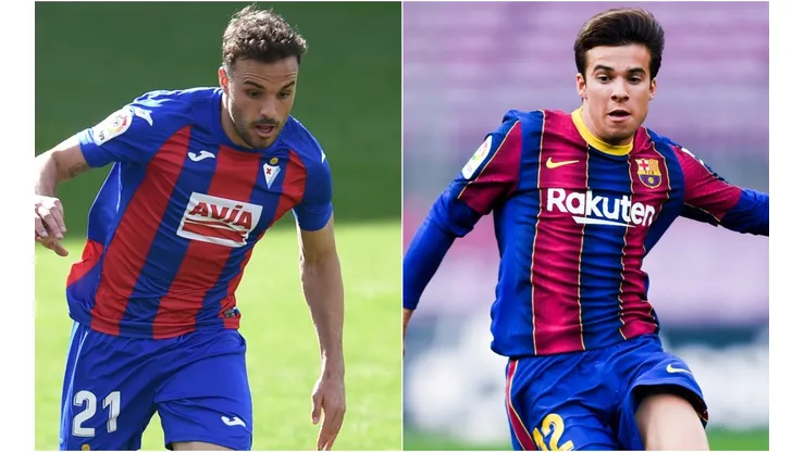 Pedro Leon of Eibar (left) and Riqui Puig of Barcelona (right). (Getty)