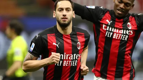 Hakan Calhanoglu of Milan celebrates after scoring. (Getty)