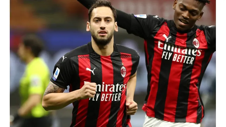 Hakan Calhanoglu of Milan celebrates after scoring. (Getty)