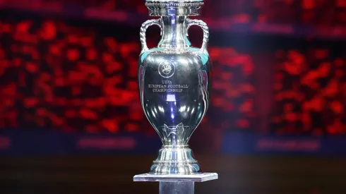 The Henri Delaunay Trophy is seen on stage after the UEFA Euro 2020 Final Draw Ceremony. (Getty)