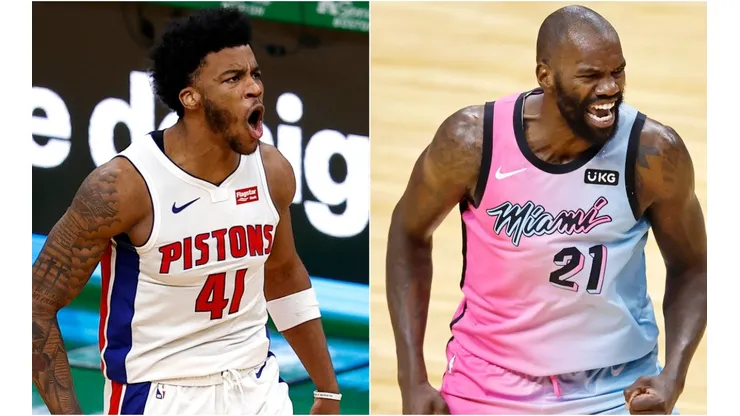 Saddiq Bey of the Detroit Pistons (left) and Dewayne Dedmon of the Miami Heat (right). (Getty).jpg