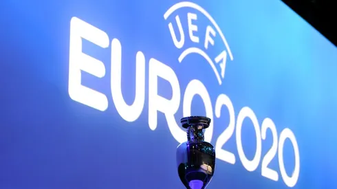 The Henri Delaunay trophy is displayed at the UEFA EURO 2020 Host Cities & Final announcement ceremony. (Getty)