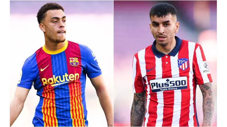 Sergiño Dest of Barcelona (left) and Angel Correa of Atletico Madrid (right). (Getty)