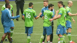 The Seattle Sounders celebrate their win against the Portland Timbers. (Getty)