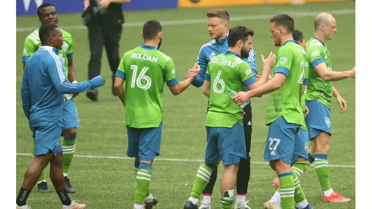 The Seattle Sounders celebrate their win against the Portland Timbers. (Getty)