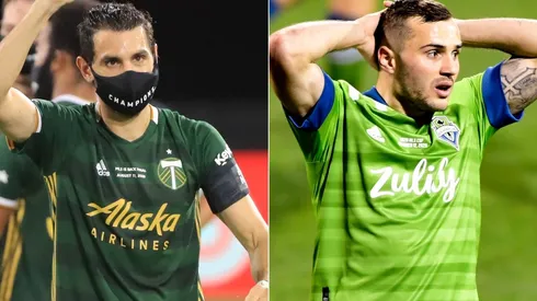 Diego Valeri (left) of Portland Timbers and Jordan Morris (right) of Seattle Sounders. (Getty)