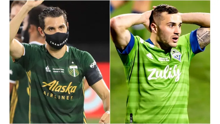 Diego Valeri (left) of Portland Timbers and Jordan Morris (right) of Seattle Sounders. (Getty)